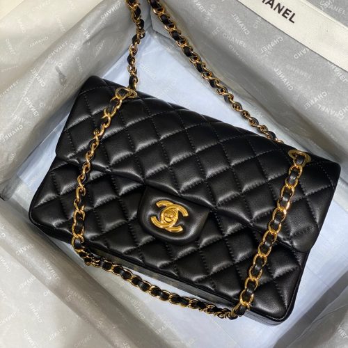 13340171161498345 FLAP BAG 23CM BLACK LAMBSKIN GOLD HARDWARE