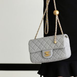 FLAP BAG 20CM GREY LAMBSKIN GOLD HARDWARE