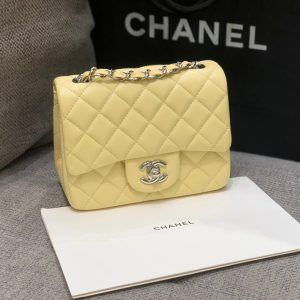 MINI SQUARE FLAP BAG 17CM YELLOW LAMBSKIN SILVER HARDWARE
