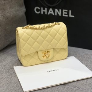 MINI SQUARE FLAP BAG 17CM YELLOW LAMBSKIN GOLD HARDWARE
