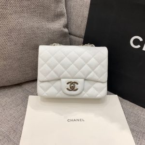 MINI SQUARE FLAP BAG 17CM WHITE CAVIAR SILVER HARDWARE