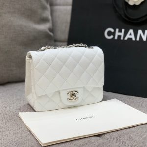 MINI SQUARE FLAP BAG 17CM WHITE CAVIAR SILVER HARDWARE