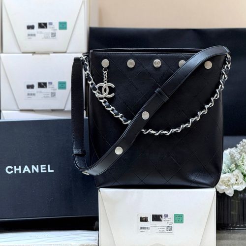 CC 25P Rivet Bucket Bag Silver Hardware in Black Polished Lambskin