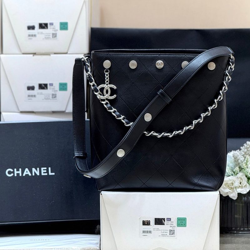 CC 25P Rivet Bucket Bag Silver Hardware in Black Polished Lambskin