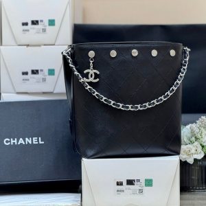 CC 25P Rivet Bucket Bag Silver Hardware in Black Polished Lambskin