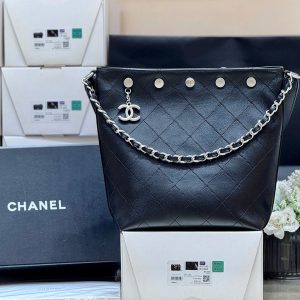 CC 25P Rivet Bucket Bag Silver Hardware in Black Polished Lambskin