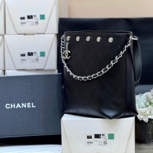 CC 25P Rivet Bucket Bag Silver Hardware in Black Polished Lambskin