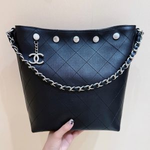 CC 25P Rivet Bucket Bag Silver Hardware in Black Polished Lambskin