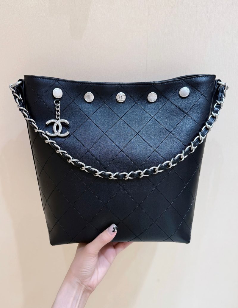 CC 25P Rivet Bucket Bag Silver Hardware in Black Polished Lambskin