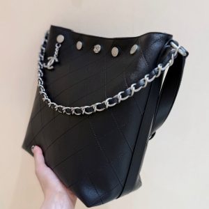 CC 25P Rivet Bucket Bag Silver Hardware in Black Polished Lambskin