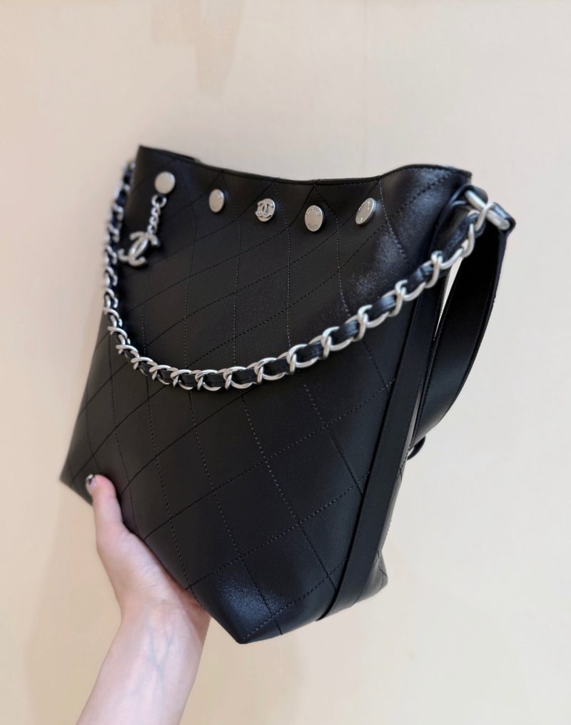 CC 25P Rivet Bucket Bag Silver Hardware in Black Polished Lambskin