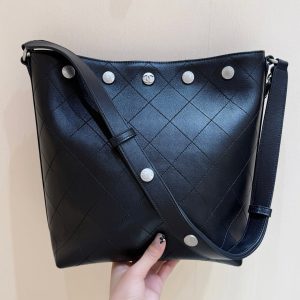 CC 25P Rivet Bucket Bag Silver Hardware in Black Polished Lambskin