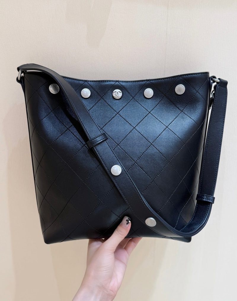 CC 25P Rivet Bucket Bag Silver Hardware in Black Polished Lambskin