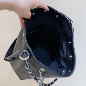 CC 25P Rivet Bucket Bag Silver Hardware in Black Polished Lambskin