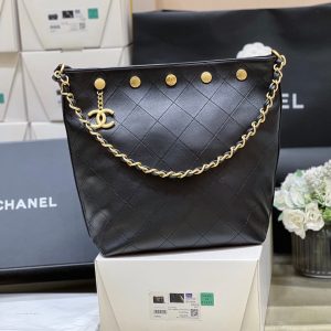 CC 25P Rivet Bucket Bag Gold Hardware in Black Polished Lambskin