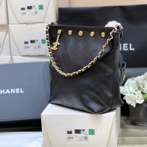 CC 25P Rivet Bucket Bag Gold Hardware in Black Polished Lambskin