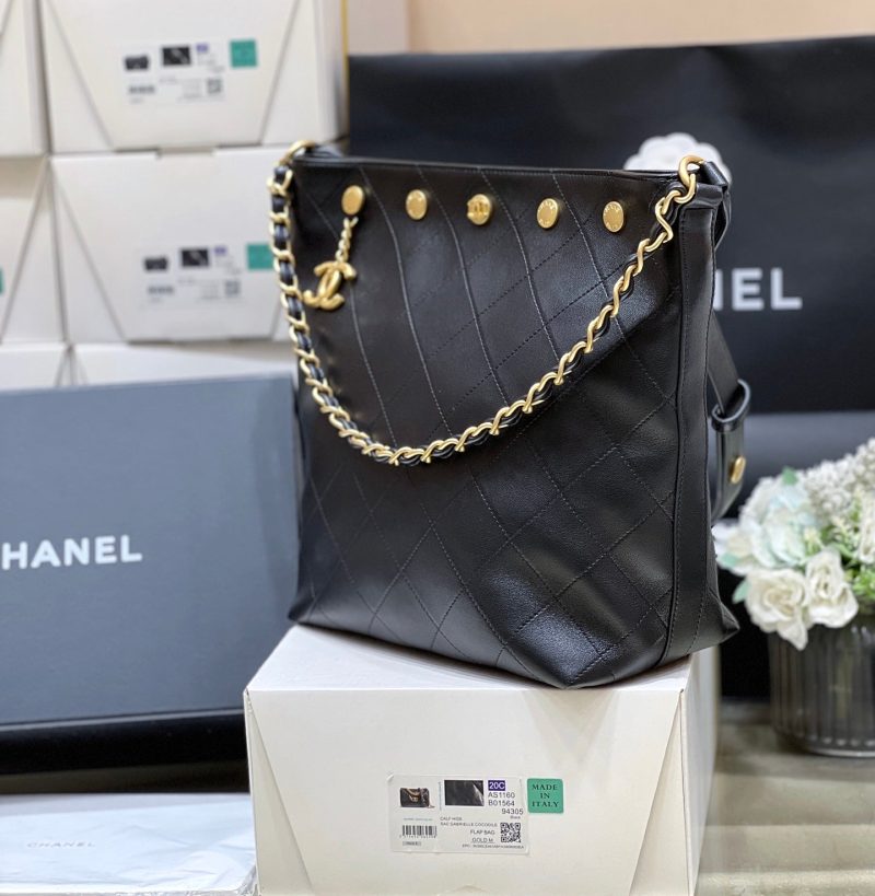 CC 25P Rivet Bucket Bag Gold Hardware in Black Polished Lambskin