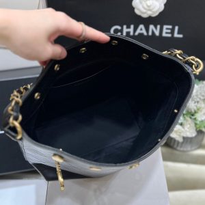 CC 25P Rivet Bucket Bag Gold Hardware in Black Polished Lambskin