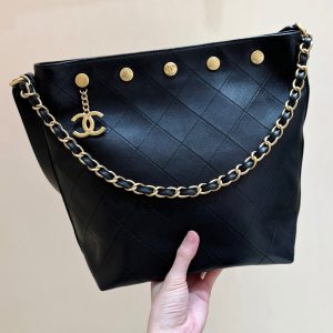 CC 25P Rivet Bucket Bag Gold Hardware in Black Polished Lambskin