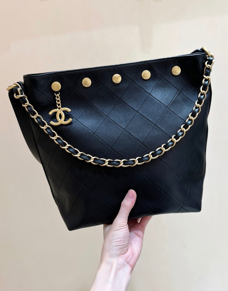 CC 25P Rivet Bucket Bag Gold Hardware in Black Polished Lambskin
