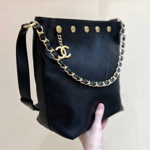 CC 25P Rivet Bucket Bag Gold Hardware in Black Polished Lambskin