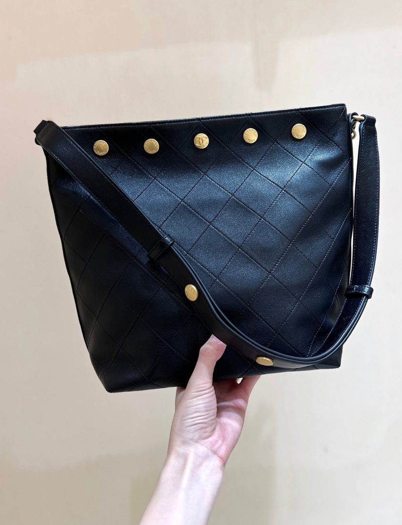 CC 25P Rivet Bucket Bag Gold Hardware in Black Polished Lambskin
