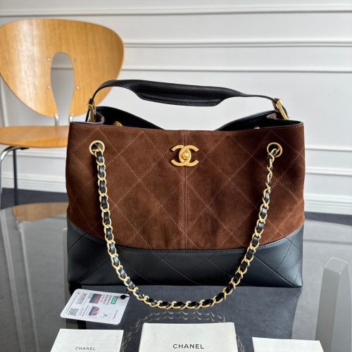 13405398897910011 CC 25A Small Tote 36cm Chocolate Brown Suede Black Calfskin