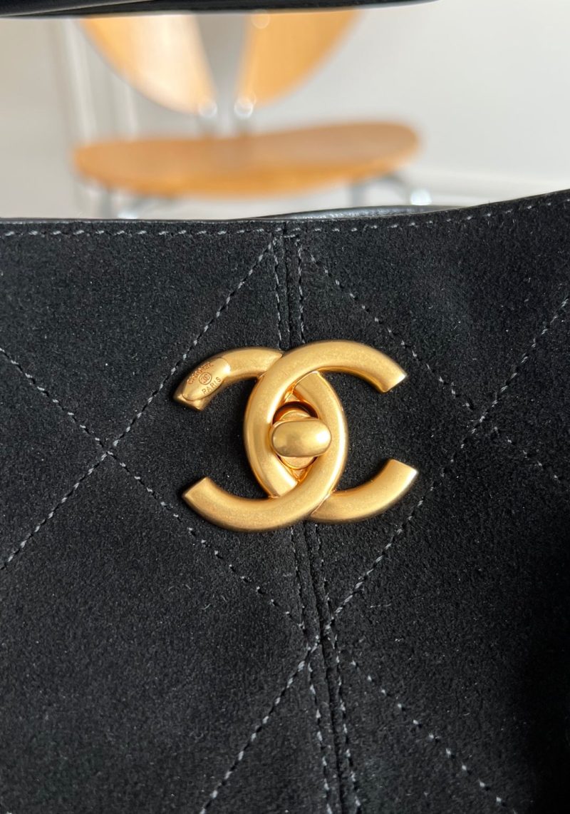 CC 25A Tote Bag Black Suede Black Calfskin