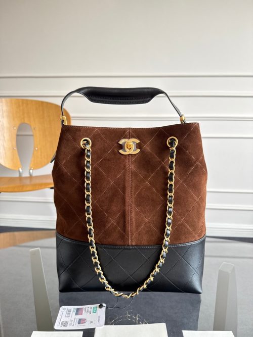 13405399163069941 CC 25A Tote Bag Chocolate Brown Suede Black Calfskin