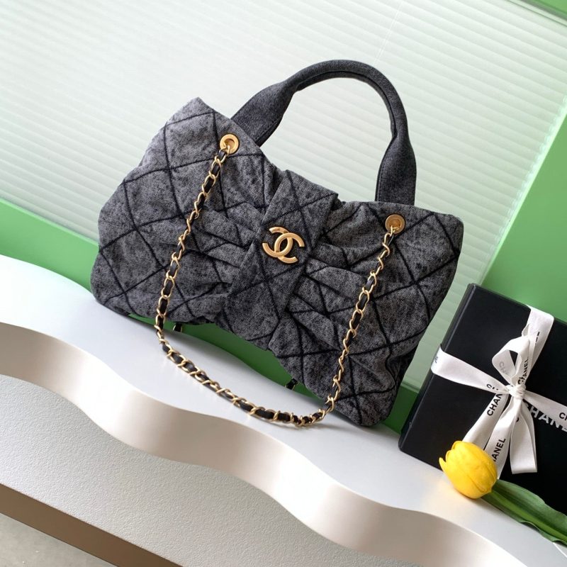 Chanel 25K Bow Bag 38cm Dark Gray Gold Denim Leather 275871