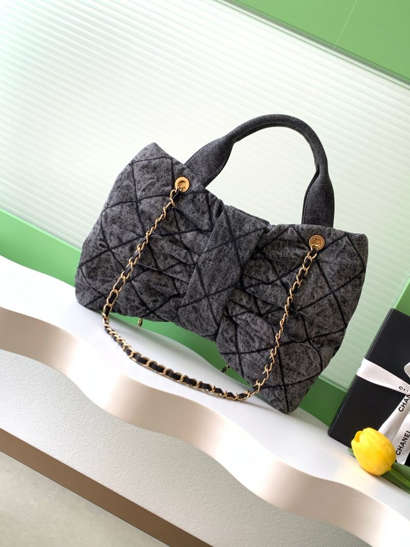 Chanel 25K Bow Bag 38cm Dark Gray Gold Denim Leather 275871