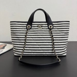 CC 26 Striped Woven Beach Bag 46 Black in Cowhide