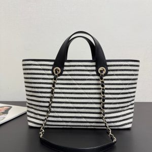 CC 26 Striped Woven Beach Bag 46 Black in Cowhide