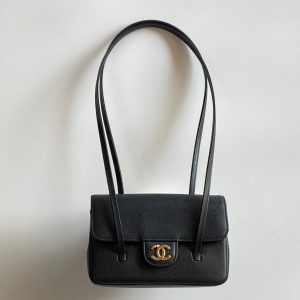 MM 26 Coco Long Shoulder Strap Flap Black Bag in Cowhide