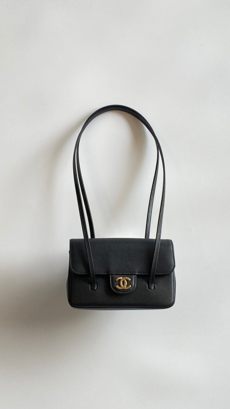 MM 26 Coco Long Shoulder Strap Flap Black Bag in Cowhide