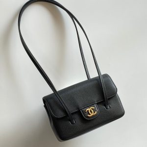 MM 26 Coco Long Shoulder Strap Flap Black Bag in Cowhide