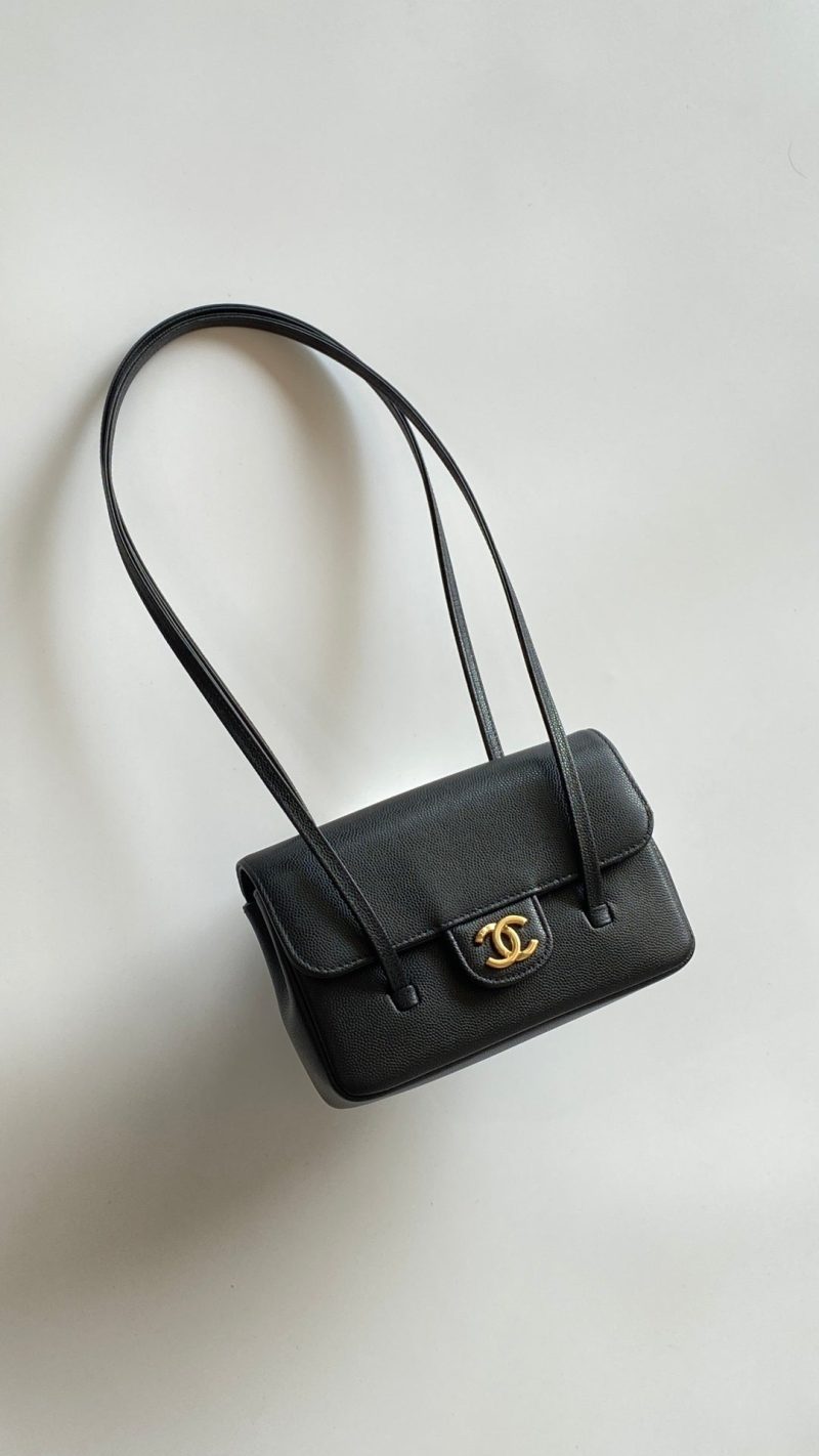 MM 26 Coco Long Shoulder Strap Flap Black Bag in Cowhide