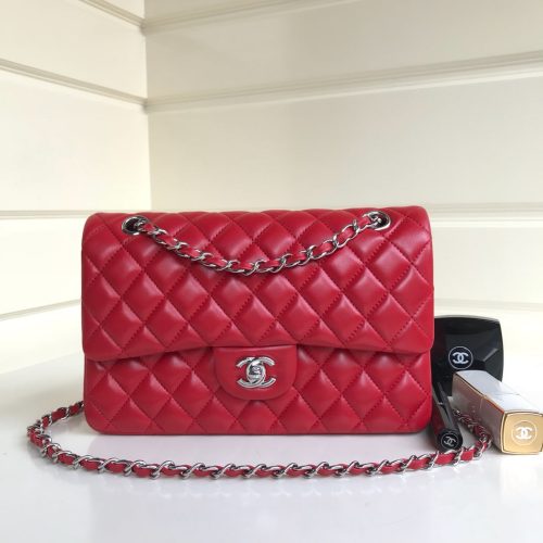 1558669022_23098748_0 FLAP BAG MEDIUM 25CM RED LAMBSKIN SILVER HARDWARE