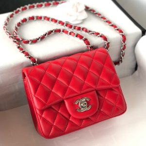 MINI SQUARE FLAP BAG 17CM RED LAMBSKIN SILVER HARDWARE