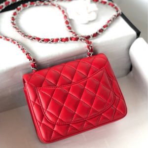 MINI SQUARE FLAP BAG 17CM RED LAMBSKIN SILVER HARDWARE