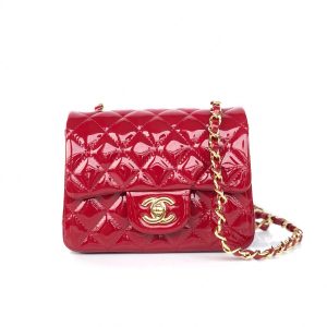 MINI SQUARE FLAP BAG 17CM RED PATENT CALFSKIN GOLD HARDWARE