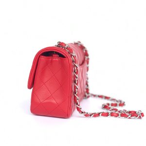 MINI RECTANGLE FLAP BAG 20CM RED LAMBSKIN SILVER HARDWARE