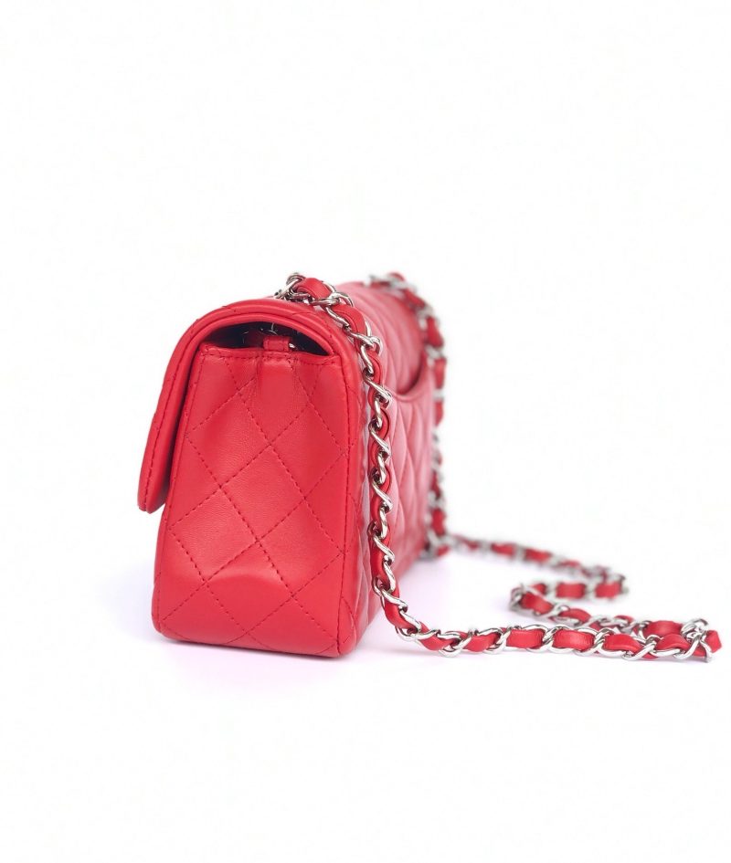MINI RECTANGLE FLAP BAG 20CM RED LAMBSKIN SILVER HARDWARE