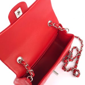 MINI RECTANGLE FLAP BAG 20CM RED LAMBSKIN SILVER HARDWARE