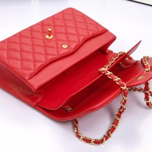 FLAP BAG JUMBO 30CM RED LAMBSKIN GOLD HARDWARE