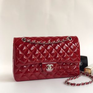 FLAP BAG MEDIUM 25CM RED PATENT CALFSKIN SILVER HARDWARE