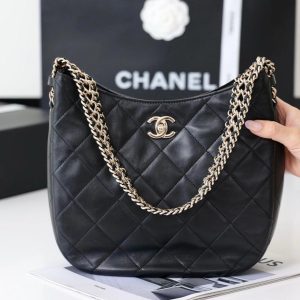 cc hobo bag 26cm black lambskin silver hardware