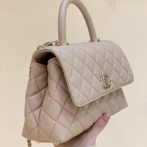 CC Coco Hanle Small 23cm Light Beige Grained Calfskin Gold Hardware