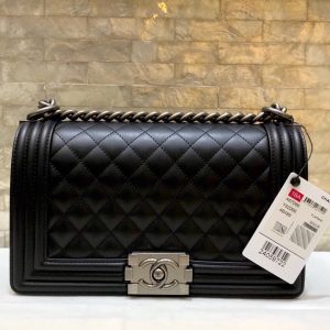 BOY BAG MEDIUM 25 BLACK QUILTED LAMBSKIN AGED RUTHENIUM HARDWARE