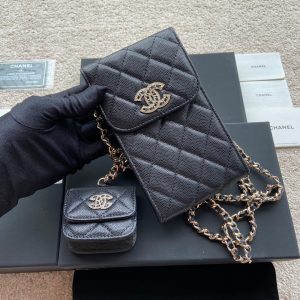 CC Phone Holder Pale & Air Pod Bag Black Caviar Diamond Hardware 229776